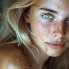 Close up shot photograph blond haired young woman with blue eyes