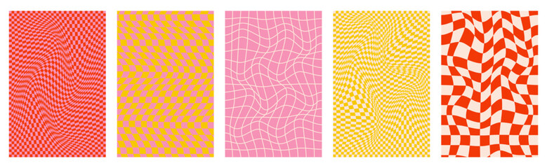 Set of five groovy backgrounds. Vintage greeting card with checked patterns in trendy retro 60s, 70s style. - obrazy, fototapety, plakaty