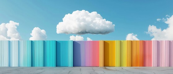 Minimalist, colorful firewall in front of a cloud, defending against threats on a stark white background