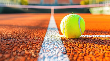 Green tennis ball close-up. Blurred background with a tennis court. - 783939286