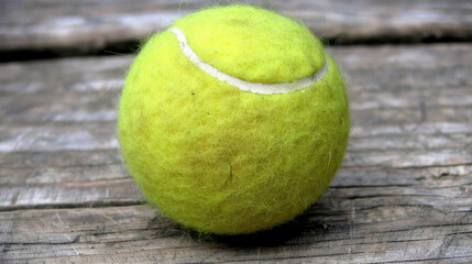 Green tennis ball close-up. Wooden background - 783939429