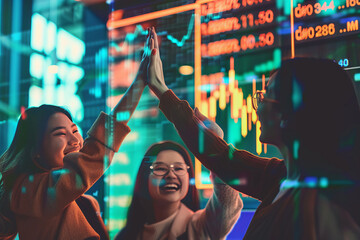 Professional Stock Photography, double exposure style, A diverse group of colleagues celebrate a successful financial quarter with a high five Behind them, a stock market ticker 