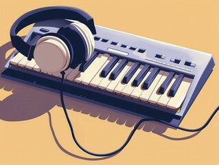 A sleek, simple illustration of headphones next to a keyboard, symbolizing fun tunes at work