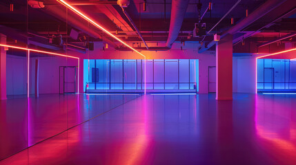 Modern dance studio space with mirrors and neon lighting - 783939839