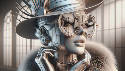 A stylized metallic woman with elaborate headgear, wearing round, geometric sunglasses and a fur collar, exudes a retro-futuristic elegance. 