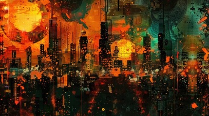 A city town on a distant asteroid in the cold of space, embodying abstract expressionism.
