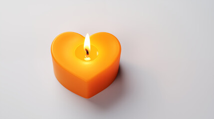 one single heart shaped burning candle on white background