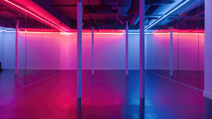Modern dance studio space with mirrors and neon lighting - 783940261