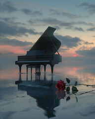 A grand piano, with a single red rose on its lid, placed at the edge of a serene lake reflecting the twilight sky