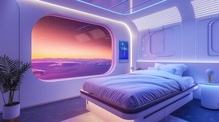 Futuristic Spacecraft Bedroom with View of Outer Space