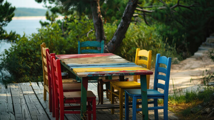 Picnic table on the terrace with colorful chairs - 783940427