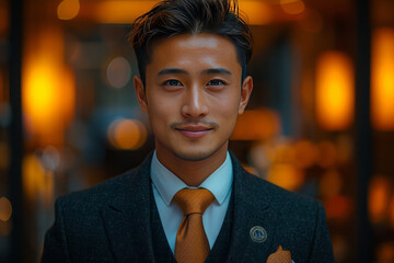 Professional Stock Photography, double exposure style, A hotel concierge welcomes guests to a luxurious lobby with a warm smile The image represents exceptional hospitality