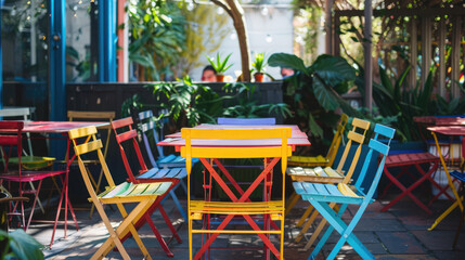 Picnic table on the terrace with colorful chairs - 783940645