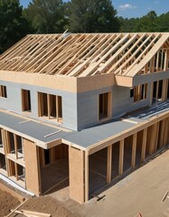 The skeleton of a new house with a wooden frame under construction, showcasing the initial phase of home building.