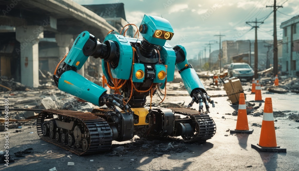 Poster a futuristic search and rescue robot navigates a post-disaster urban landscape, showcasing the poten