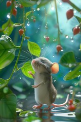 Un ratón diminuto se erige en asombro, bañándose en una sinfonía de relucientes gotas de lluvia y hojas tiernas, con bayas en forma de corazón como notas de la serenata de la naturaleza.