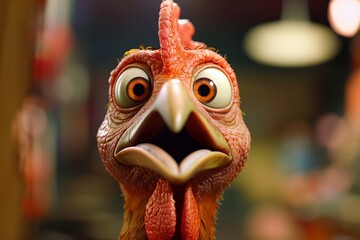Atrapado en un haz de luz, esta caricatura de pollo con ojos bien abiertos emana una cómica sorpresa, encarnando el lado caprichoso de la vida en la granja.