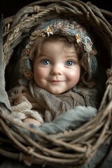 Una sonrisa cautivadora de bebé irradia bajo una diadema floral, anidada en el abrazo de una cesta tejida a mano. La luz suave y difusa adorna la tierna escena, capturando un momento etéreo de dicha.