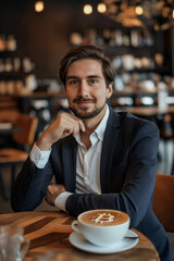 Man with Bitcoin latte art in a cozy cafe setting. Payment by cryptocurrency