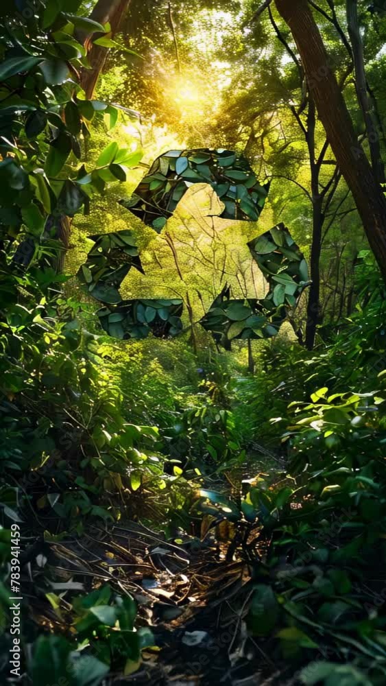 Poster a forest with a tree that has a recycle sign on it. the sign is made up of leaves and branches