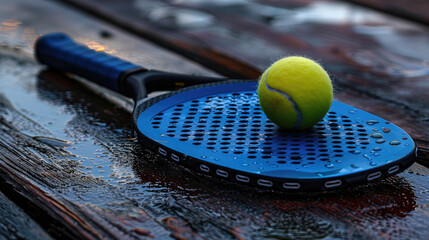 Paddle tennis racket and ball. Practicing paddle sport on the paddle court - 783941434