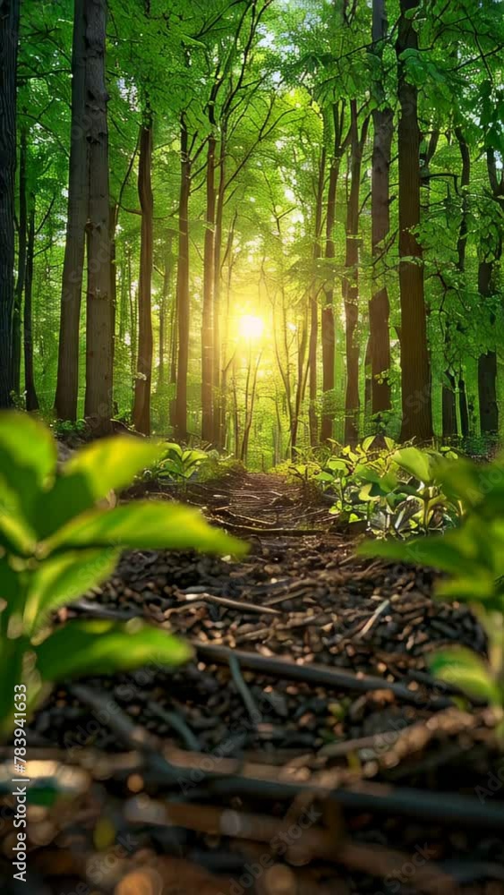 Poster a forest with a path through it and a sun shining through the trees. the sun is casting a warm glow 