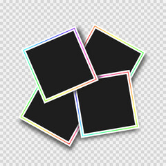 Empty photo frames stack isolated on transparent bg. Realistic vector objects. Modern photo frames with shadow and rgb contour line.