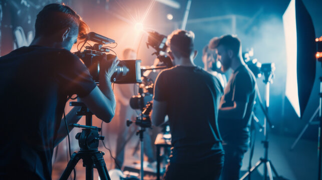 Professional Stock Photography, double exposure style, A team of content creators films a video in a professional studio setting 