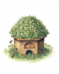 Vintage watercolor illustration of A wooden beehive with a roof covered in clovers , bees flying around the hive.