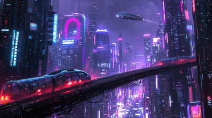 Naklejka premium Futuristic city glows with soft hues, complemented by the sleek design of hovering vehicles above the vibrant skyline. Resplendent.