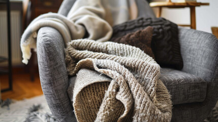 Scandinavian textile blanket on the armchair, giving comfort and warmth - 783942254