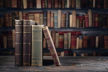 Blurry background of old, weathered books on a table