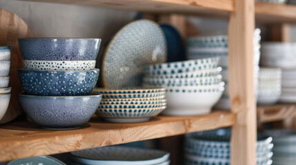 Set of ceramic dishes on a shelf with patterns in Scandinavian style - 783942889
