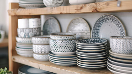 Set of ceramic dishes on a shelf with patterns in Scandinavian style - 783943052