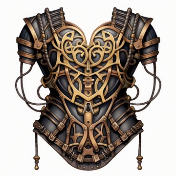 recommend clip art: Watercolor clipart of a steampunk-inspired armor bodice, featuring a mechanical heart centerpiece, intricate piping, and brass accents on a white background.