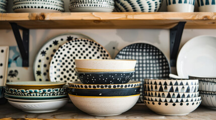 Set of ceramic dishes on a shelf with patterns in Scandinavian style - 783943225