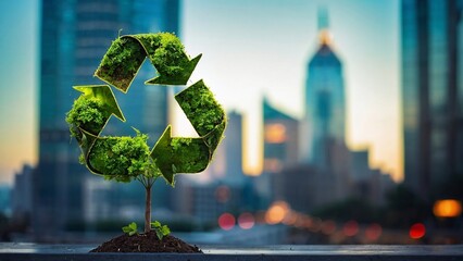 Recycle sign tree up close against blurred city street backdrop with skyscrapers, bokeh effect.