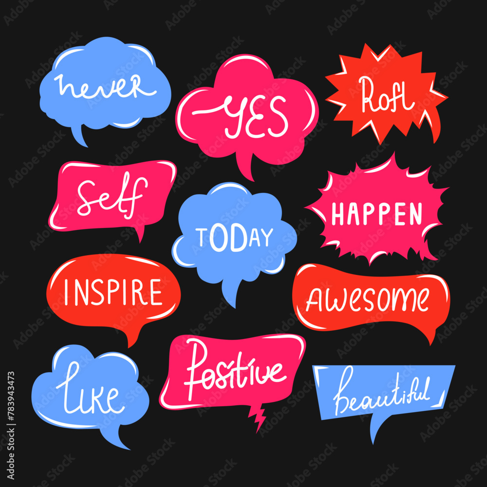 Poster set of speech bubbles and talks clouds with phrases. vector illustration. chatting and messages. quo