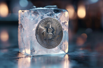 Bitcoin emblem frozen within a transparent ice cube on a reflective surface