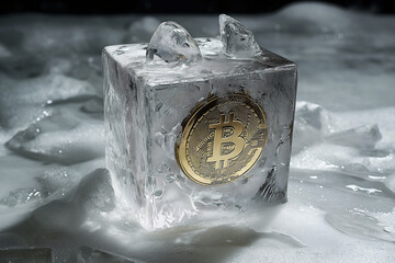 Golden bitcoin encased in transparent ice block against a dark background