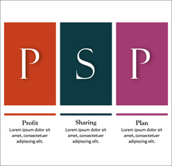 PSP - Profit Sharing plan acronym. Infographic template with icons and description placeholder