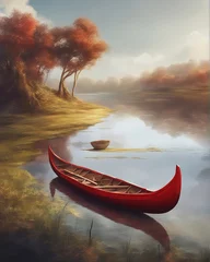 Foto op Canvas Landscape with a red canoe on the lake. © F@natka