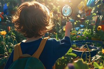 A child holds a magnifying glass to look at insects in a school garden during an environment learning lesson