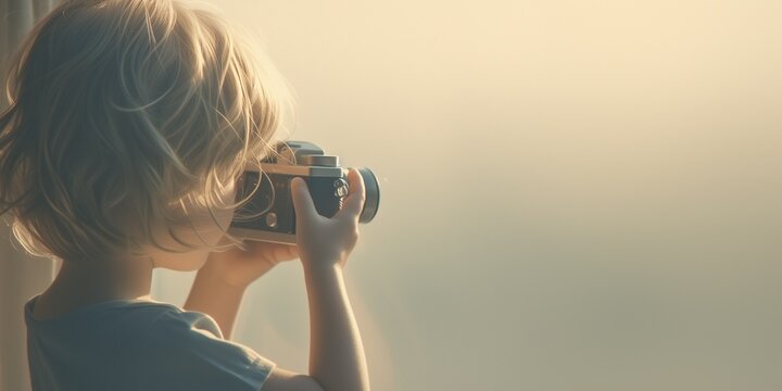 cute child using binocular to look