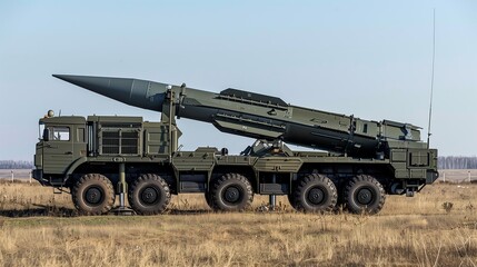 A military vehicle equipped with a missile on the back, ready for deployment on a launchpad truck.