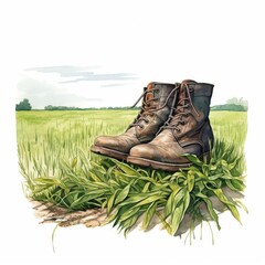 Solitary watercolor farm boot amidst lush grass, a day's work in organic farming, watercolor simplicity, in the style of hyper-realistic illustration
