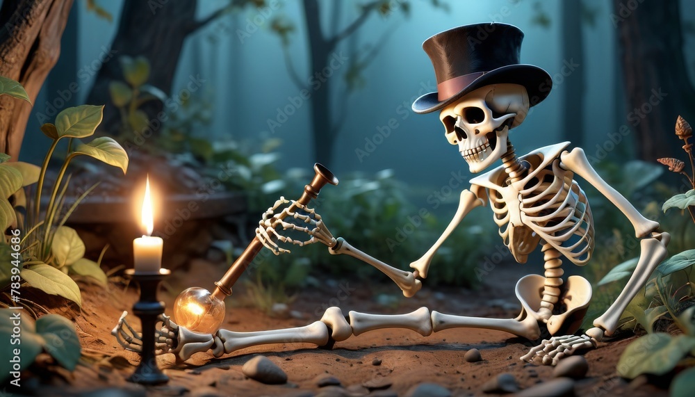 Poster a whimsical digital art piece depicting a skeleton wearing a top hat, lounging by a candle and cryst