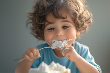 boy sitting and eating a large cake and his face is smeared messily with cream from the cake