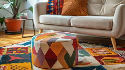 Soft ottoman footrest with a bright geometric pattern - 783944690