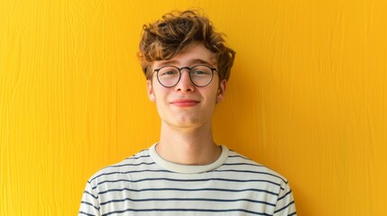 Young man with curly hair and glasses smiling on yellow background.